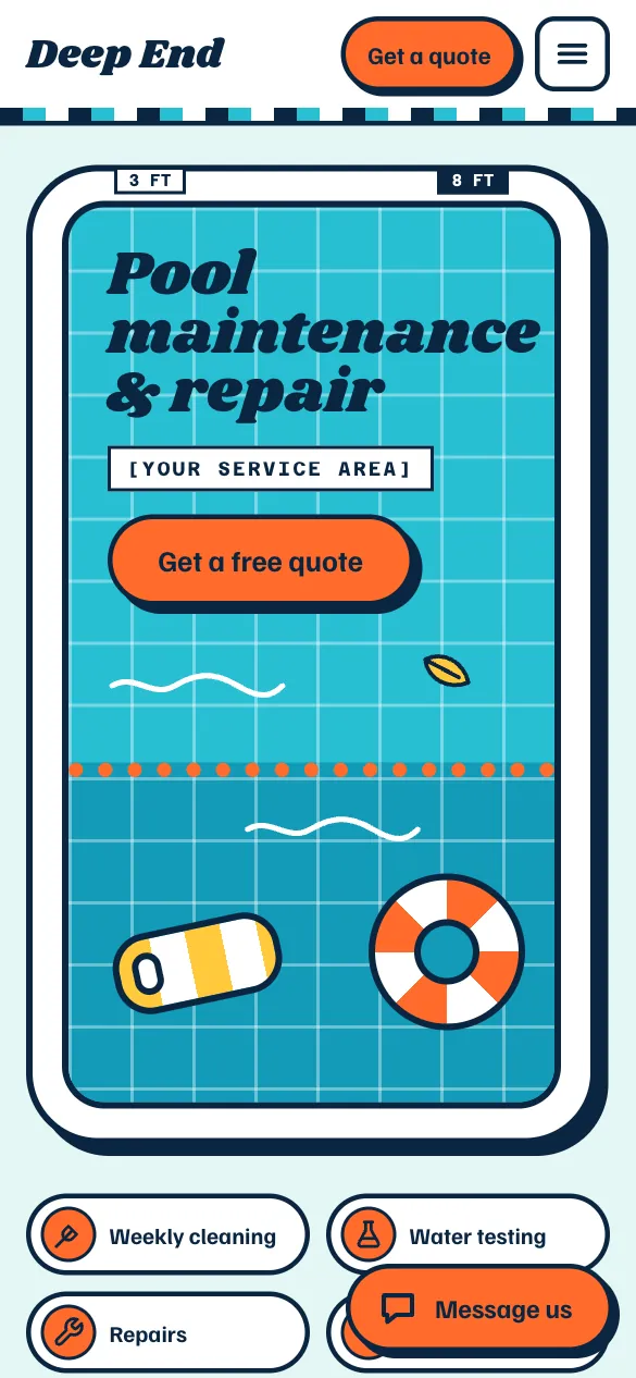 Phone view of the Deep End Pool Co. home page: pool tile with 3 FT and 8 FT depth markers, a quote button, and a floating ring.