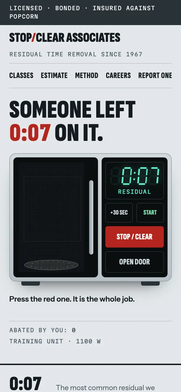 Phone view of the Stop/Clear Associates home page: the headline Someone left 0:07 on it above a microwave with a glowing display.