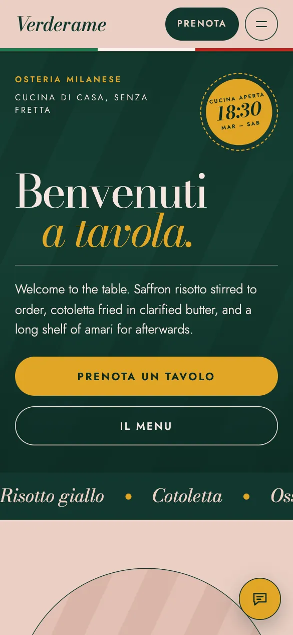 Phone view of the Verderame home page: Benvenuti a tavola in a serif over dark green, with reservation and menu buttons.